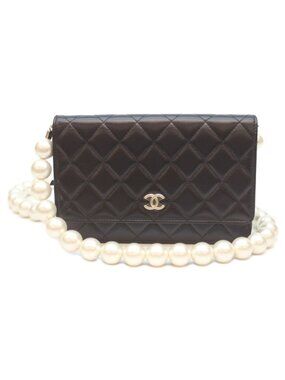 Chanel 30 Black Lambskin Pearl Chain Wallet Shoulder Bag